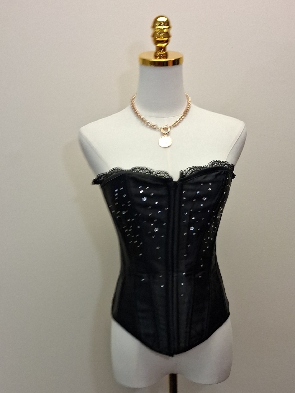 Black Lace Up Corset Bustier Top Sequin Strapless Size Small